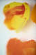 Close-up of thick yellow and orange paint strokes roughly layered on a light surface. Soft focus blurs the edges, highlighting the textured brush marks and subtle color transitions within each patch.