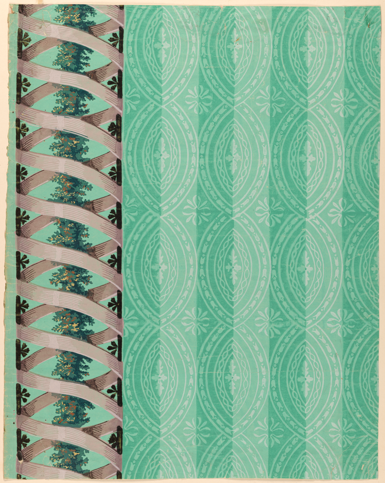 Striped light and dark turquoise wallpaper with white geometric patterning overtop. The left side contains a pink ribbon wrapping around a leaf garland and two brown embellished vertical lines.