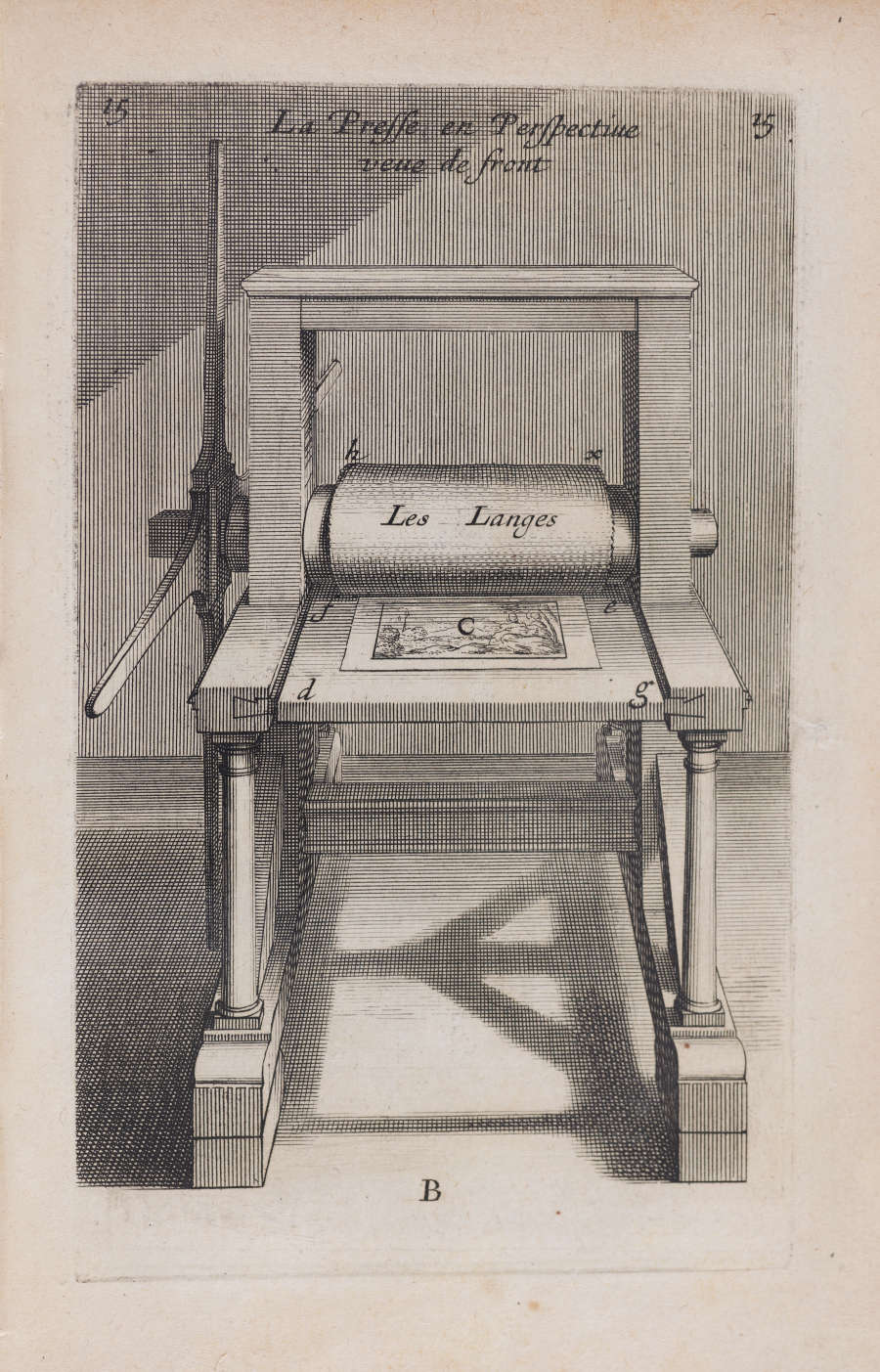 Etching of a front-facing printing press with a labeled roller reading “Les Langes,” showing a crank handle and flatbed plate beneath within a shadowed interior.