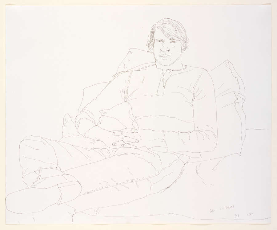 Line drawing of a man. He makes eye contact as he reclines against a pillow, one foot resting on the other knee and his hands clasped in his lap. 