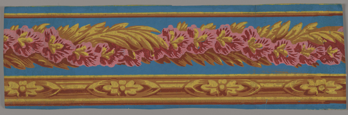 Pink flowers nestled in golden leaves framed by a thin yellow stripe on top and a yellow band with floral patterning at the base. Set against a blue background.