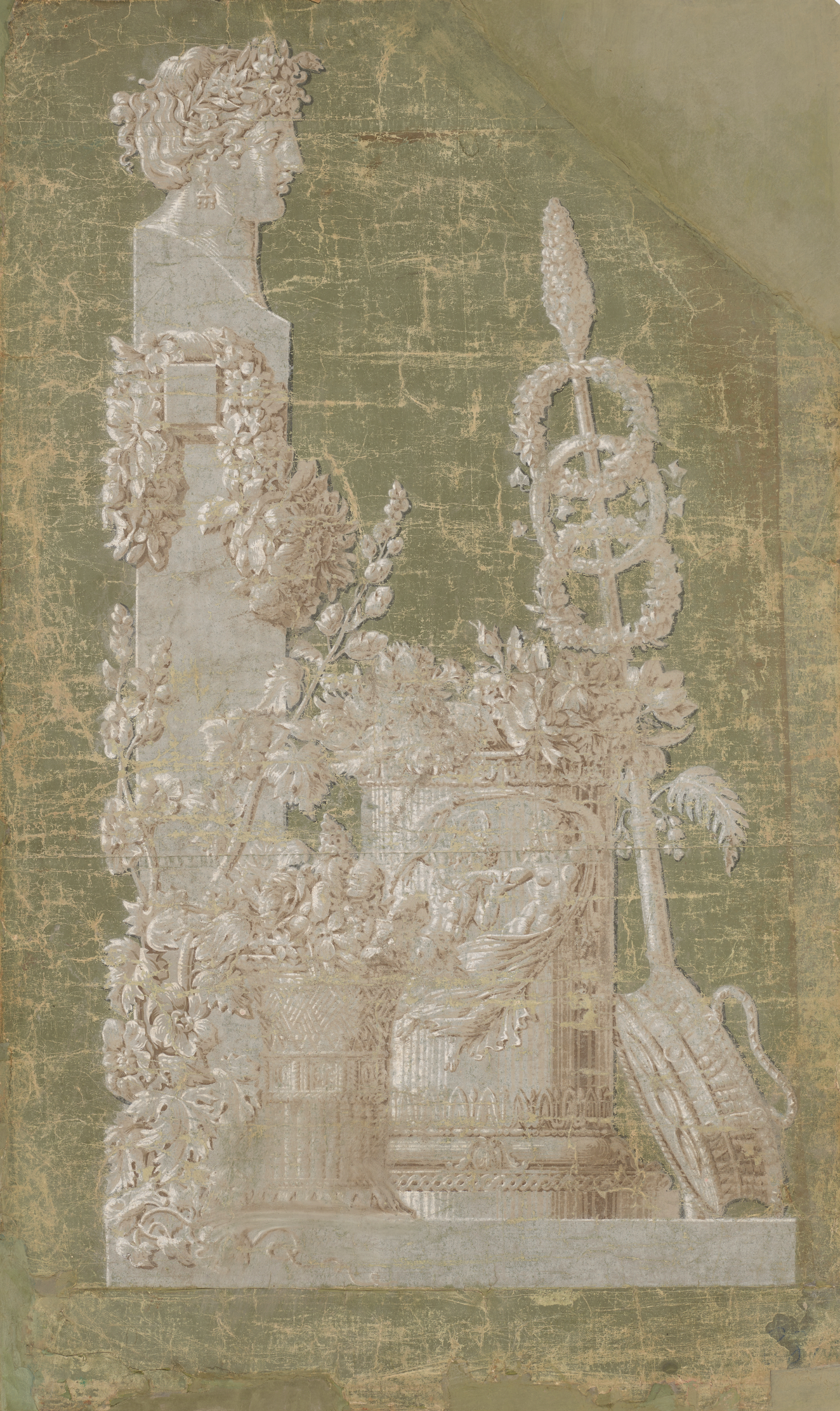 Classical relief depicting a profile bust and a composition of blooming flowers, a lyre, and a basket of harvest against a textured green backdrop, suggesting an allegorical representation of spring.
