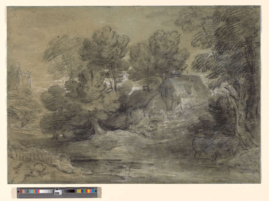 A loosely rendered black and white chalk sketch of a landscape. In it is a cottage surrounded by trees. Figures and cows hide are barely visible within the landscape.