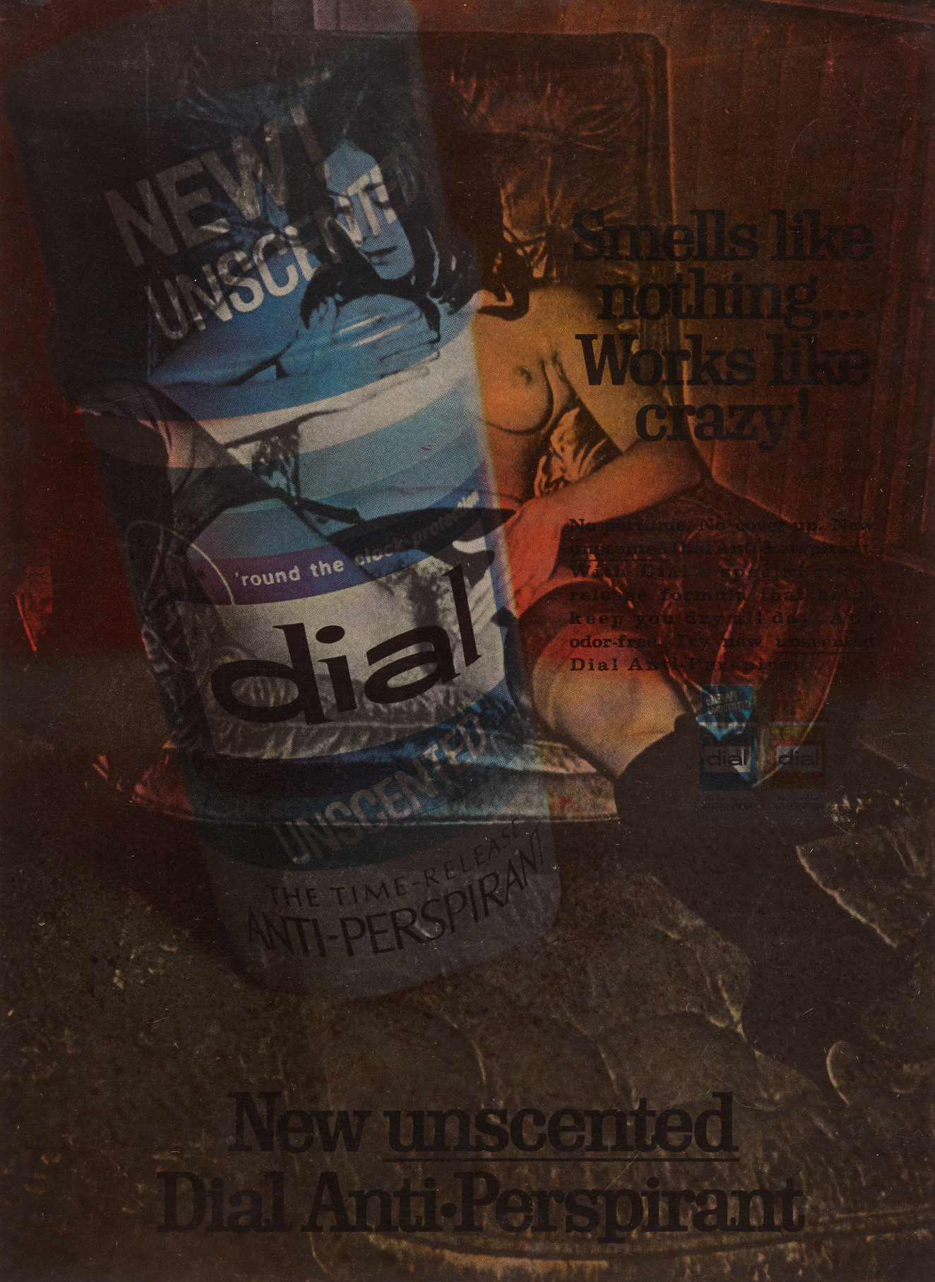 A collage featuring a blue and white dial antiperspirant advertisement overlaid on an oversaturated scene of a reclining partially nude woman, touching herself suggestively. 