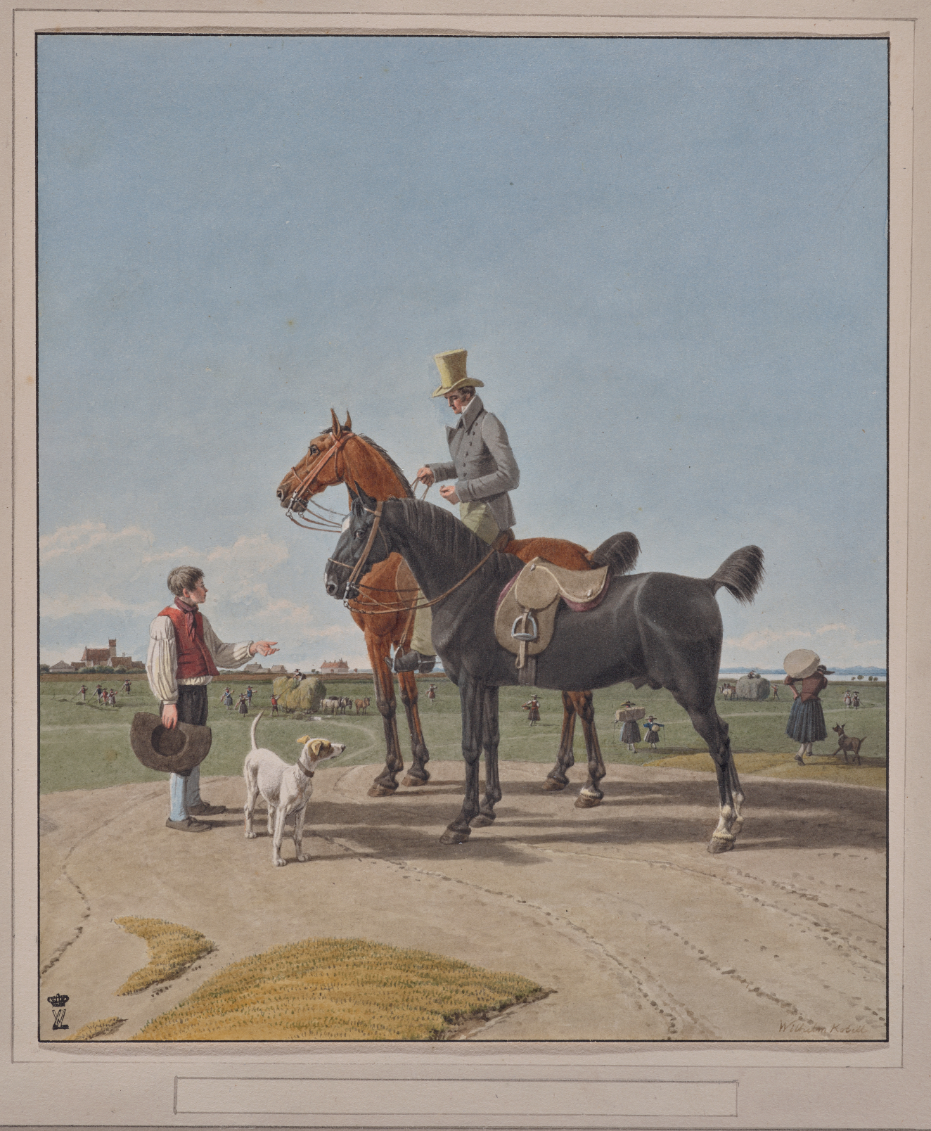 A watercolor of a dapper, light-skinned man atop a chestnut-colored horse, holding the reins of the black horse beside him. A dog and light-skinned boy before him expectantly.