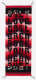 Narrow black and red woven tapestry with red and pink chevron patterning in the center and eight rows of one-worded black text which reads “only love canl brea rock your hear dust” 