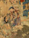 Detail of the scroll showing one figure sitting and another standing besides them with the hands raised, against a backdrop of grass and leaves.