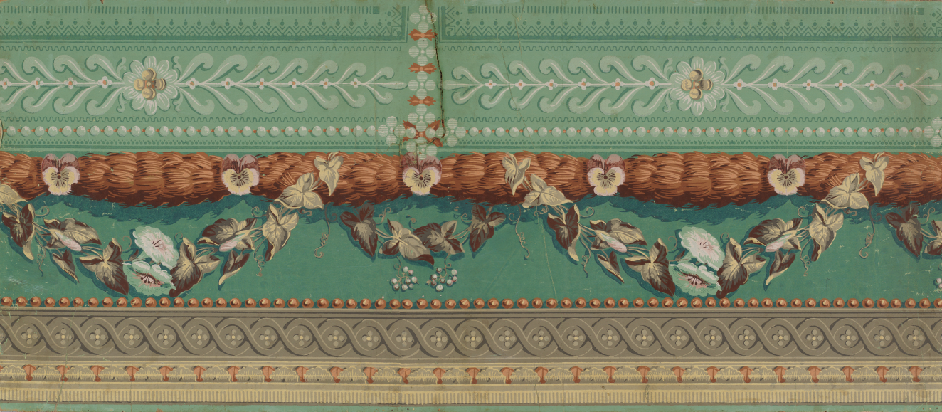 Elegant and botanical border design of floral swags hanging from wheat sheaves against a patterned sage green backdrop. Ornamental patterns line the bottom trim of the design.