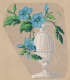 Ornamental design on a neutral background. Featuring a round, grooved white vase with blue star shaped flowers and deep green leaves spilling over the top.