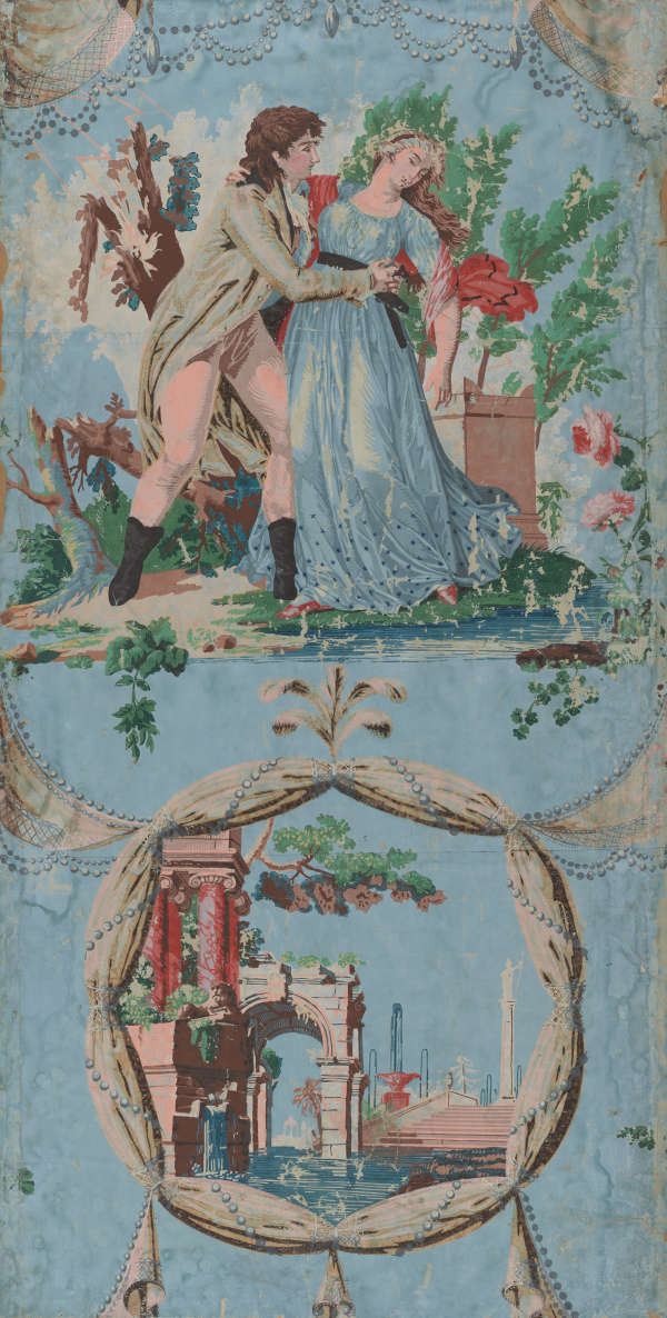 Aged, blue wallpaper of a couple, in elaborate dress, holding each other at their sides. Below, a pillared building surrounded by water is encased in a white, textured circular frame