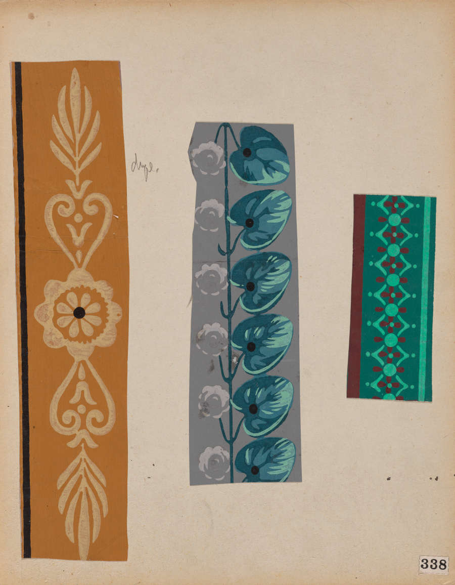 Three decorative strips. Left: Yellow and white intricate floral designs. Center: Teal leaf and white flower pattern gray backdrop. Right: Green strip with geometric diamond patterns and brown accents.