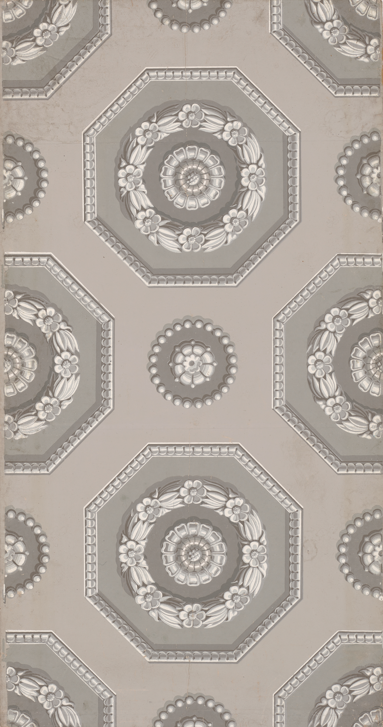 Wallpaper pattern of alternating grey and white floral medallions and rosettes within octagonal frames on a neutral beige background