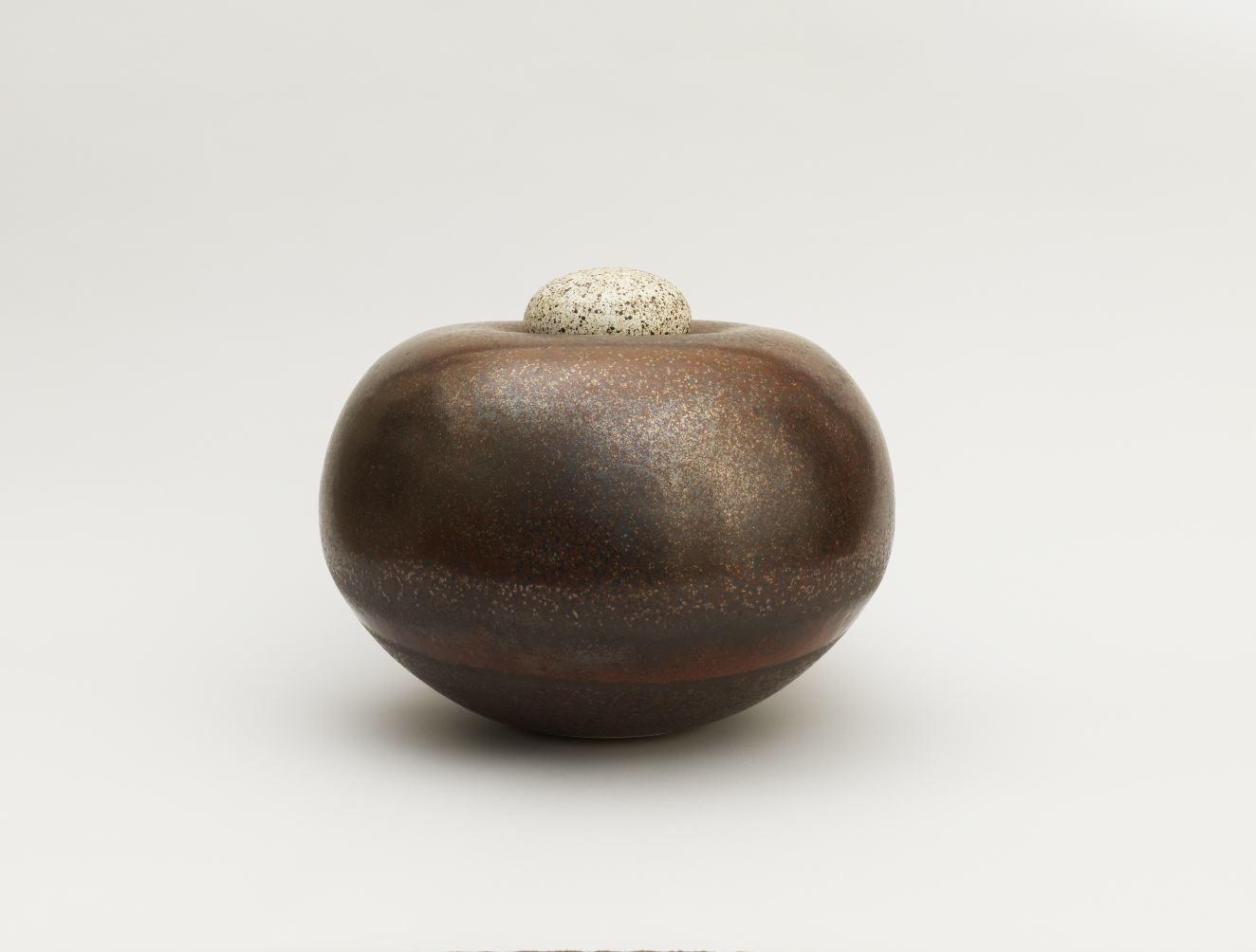 A dark, spherical vessel with a smooth surface, its glossy brown surface shifting with bronze and black tones, topped with a small speckled white lid.