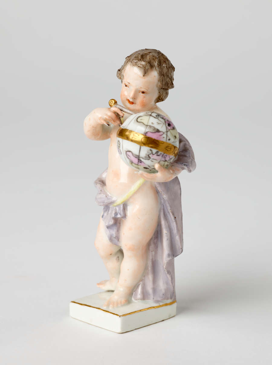 A sculptural putto figure holding a globe banded with gold. The putto has brown hair, red lips, and a light purple fabric draped across their body.