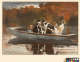 A painting of a pack of alert dogs with black, white, and brown coats gather in a light blue rowboat upon a clear lake with autumnal trees in the background. 