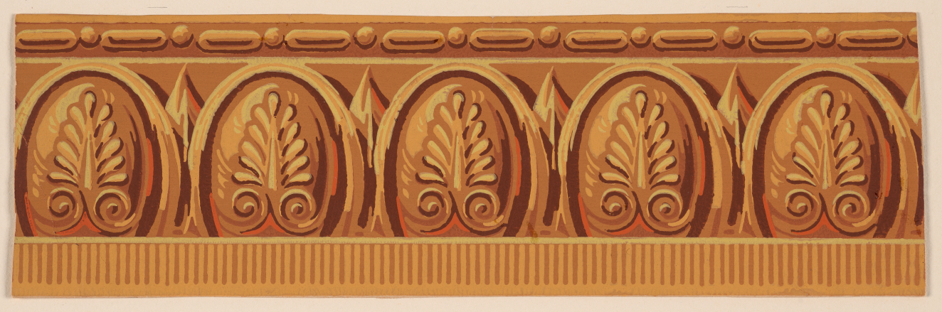 Dark yellow and brown border with a narrow section of repeating ovals and circles sits on a wide middle section of repeating ovals and leaf patterns. Slim base of vertical stripes.
