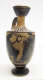 Tall vase with a slender neck, fluted mouth, and handle. Its tan surface is decorated with black illustrations of cloaked figures as well as stripe patterns.