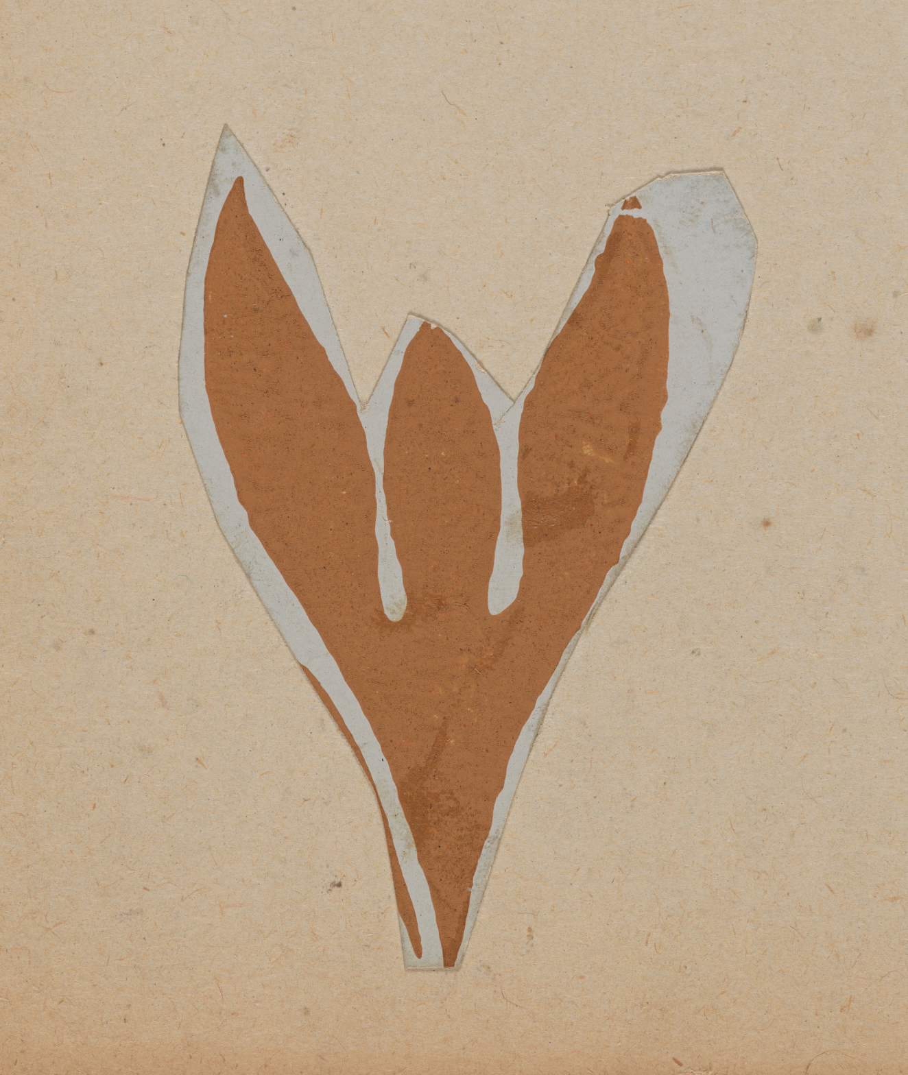 Symmetrical design on a neutral background in brown depicting a stylized leaf or petal formation with three sections that curves down to a point with a subtle white outline.