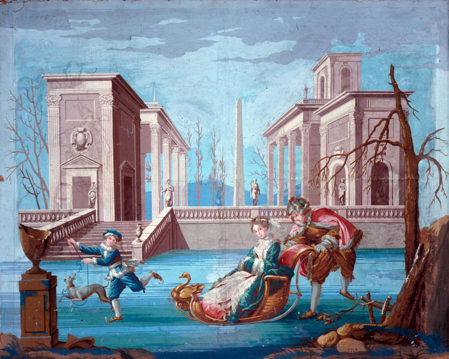 Segment of wallpaper depicting a classical, vibrant scene with three people playing outside. One person is on a sled, while another pushes it; a child is running in front.