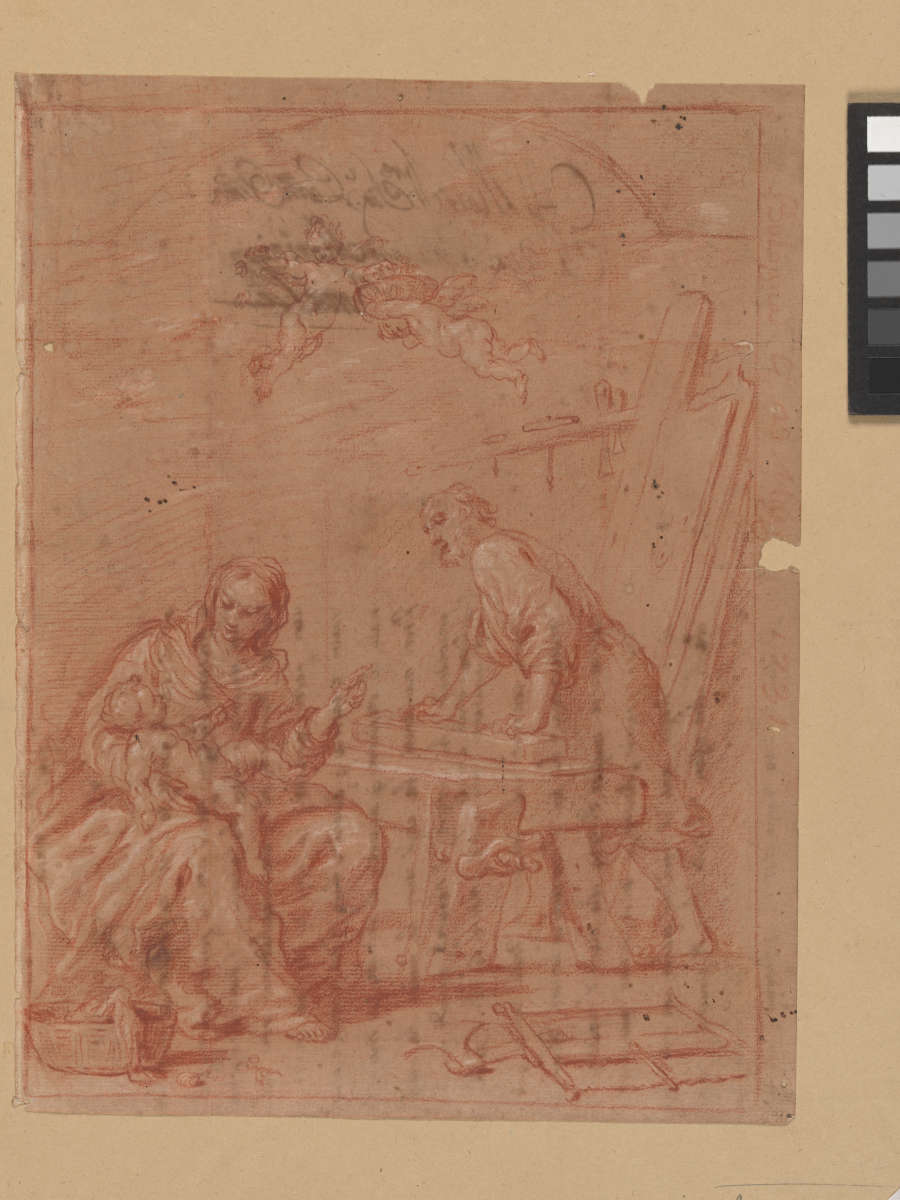 A red and white chalk drawing of the Holy Family. Mary holds baby Jesus in her lap and points to Joseph working in his carpentry shop. Two putti fly above.