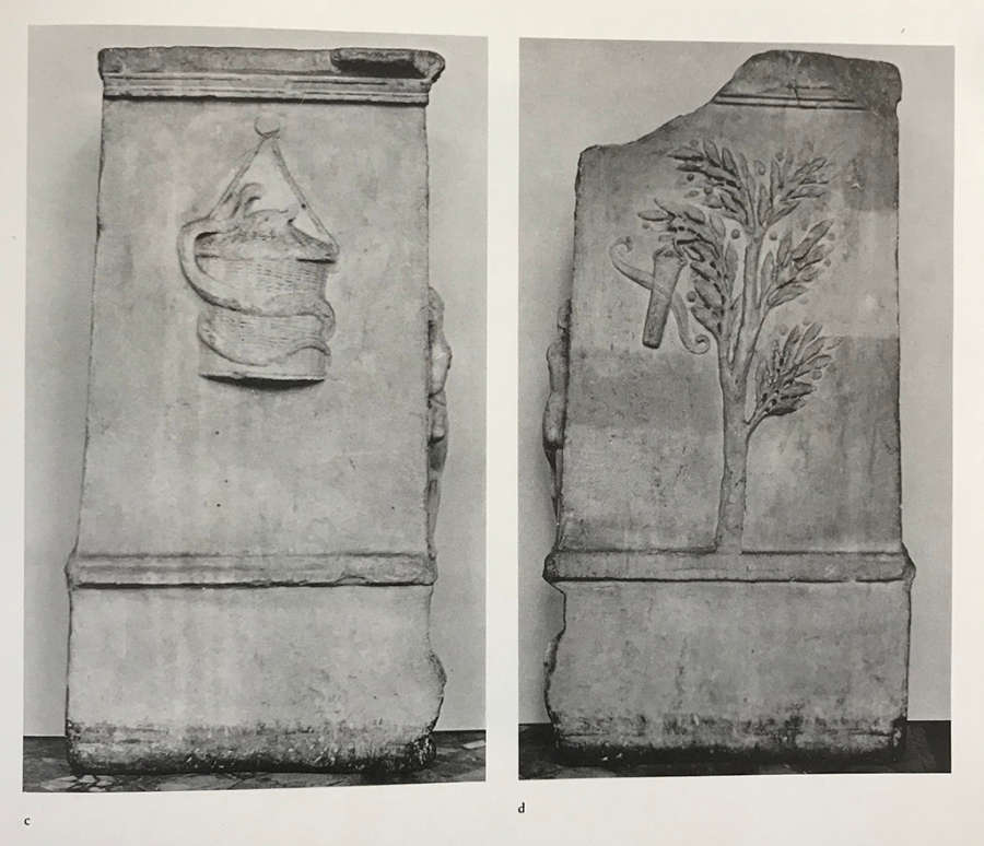 Two grayscale photos of two tall rectangular stone slabs, one with a snake coiled around a hanging pot sculpted onto it, and the other a tree next to floating objects.