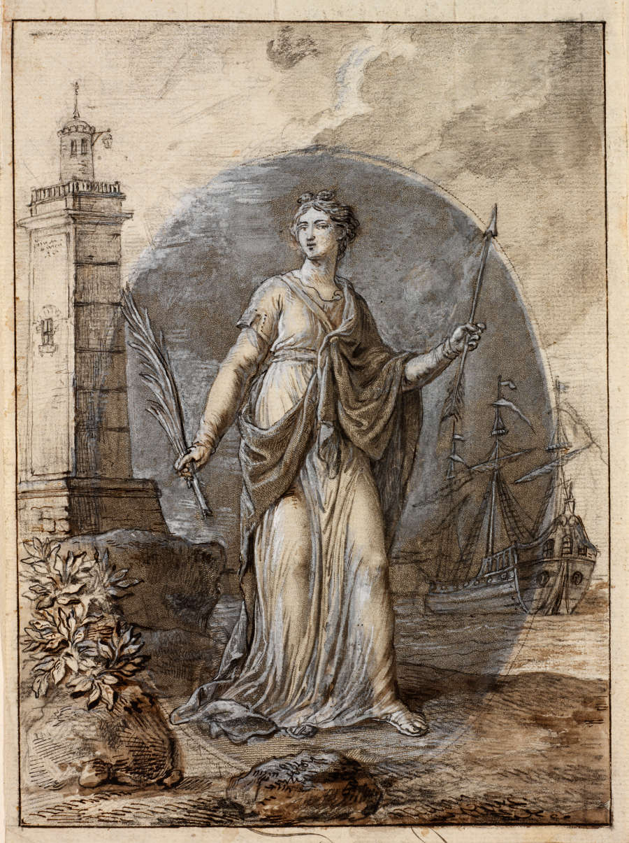 An allegorical draped female figure holding an arrow and an olive branch, gazing at the viewer. She stands in front of a bell tower and ship, surrounded by an oval.