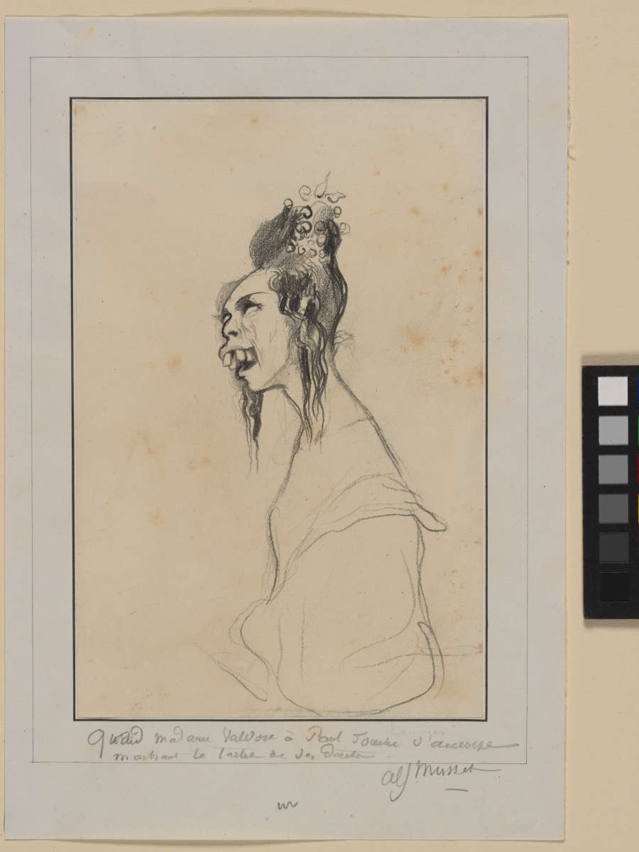A graphite caricature of writer Melanie Waldor. Melanie is shown in a side profile with exaggerated buck teeth messy upswept hair and eyes rolled into the back of her head.