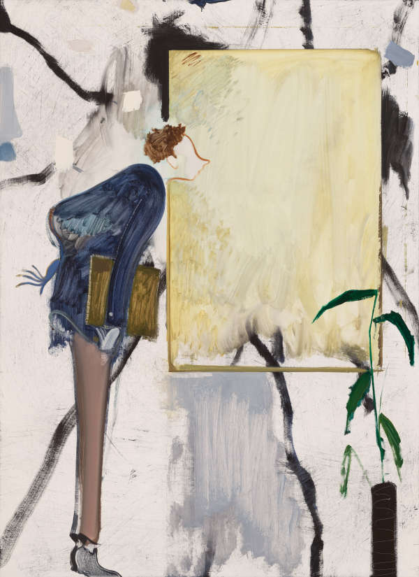 Painting of the side view of a slender figure leaning towards a yellow rectangle against a white background with gray streaks and thick black diagonal lines coming from the corners.