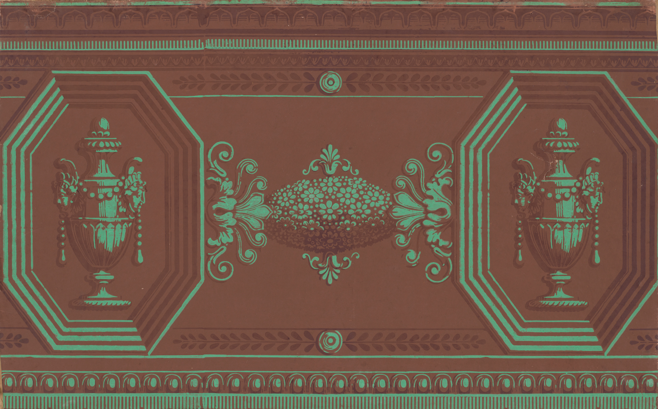 Decorative duotone maroon-teal pattern featuring a symmetrical arrangement of  urns and floral motifs, bordered by geometric shapes. The items appear three-dimensional despite being a flat wallpaper.
