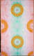 Symmetrical orange medallions reminiscent of mandalas arranged in a diagonal grid atop a psychedelic gradient of mint green and peach.