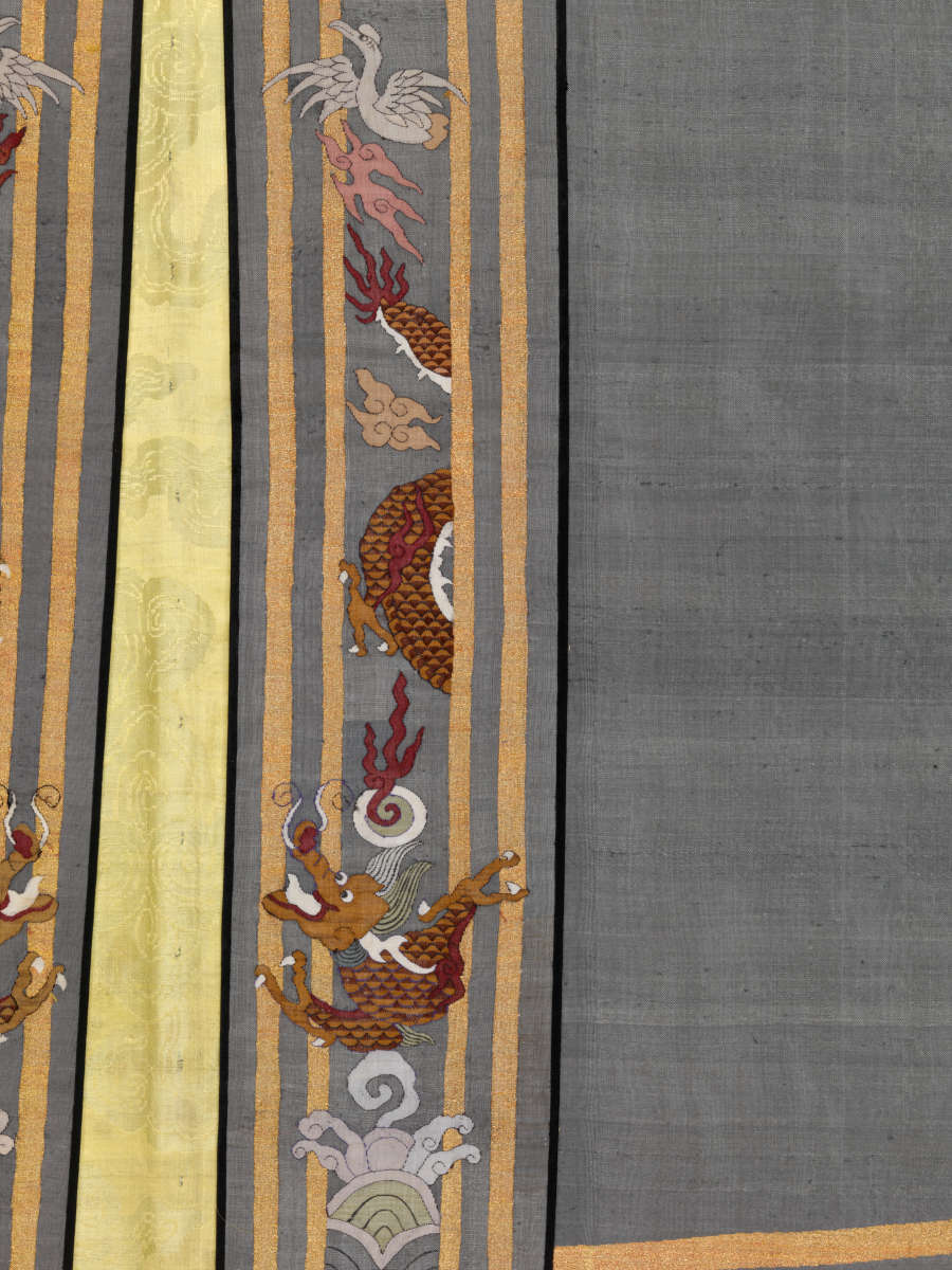 Partial details of the blue robes front collar meeting, featuring vertically-arranged red serpentine dragons, wispy clouds and flying birds encased in golden stripe borders. The robe’s golden lining is visible.