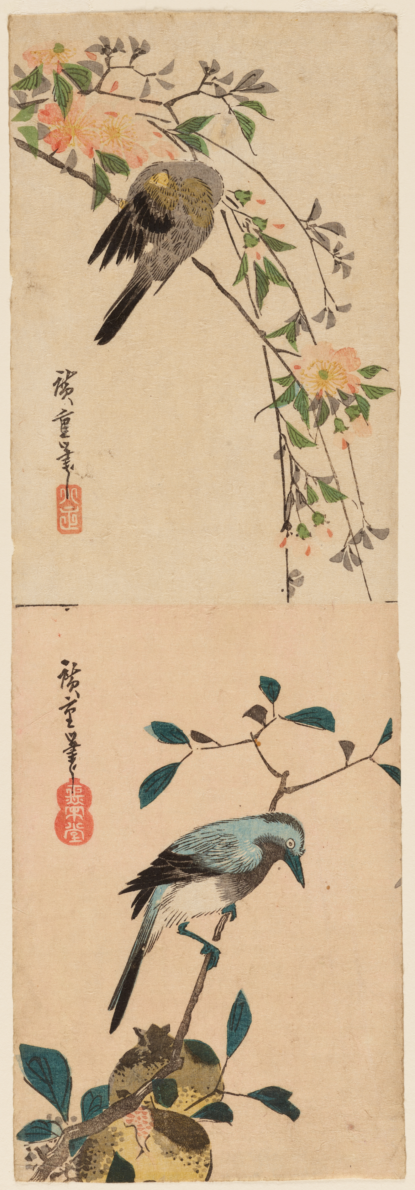 A brown bird sits on a branch curving downward, looking at a blue bird perched below. Between each are two instances of the red artists’ stamp.