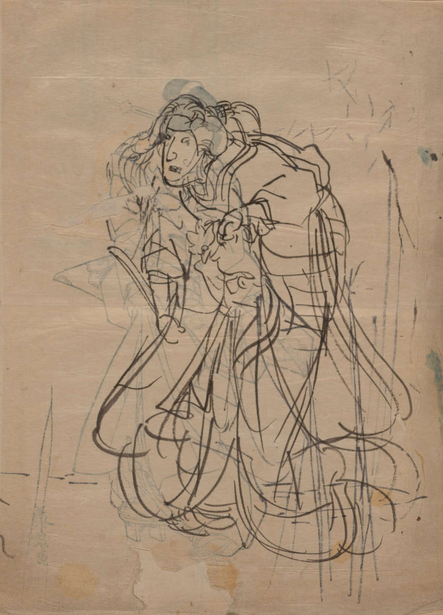 Sketch of a figure featuring a tired expression, hunched over in flowing robes. The figure is depicted in gestural strokes that convey motion. The background remains empty.