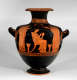 A tall terracotta vase with deep black glaze depicting three draped figures in a scene, framed by geometric bands around the neck and base. 