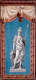 Tall, elegant depiction of an ancient warrior statue draped in robes standing proudly with a spear, framed within a decorative terracotta border against a sky-blue background.