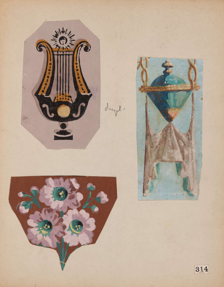 Three decorative motifs pasted to a board. Top left:  black and gold lyre. Bottom left: a cluster of pale pink flowers. Right: teal and gold embellished object above draped cloth.