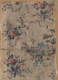 Ripped and weathered wallpaper containing repeating motifs of a fountain next to birds in the water and blue ribbons wrapped around various sized groups of stemmed pink flowers and garlands.