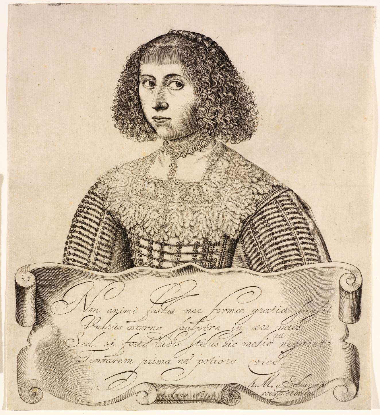 A black and white portrait of a figure dressed in 17th century attire, and shoulder length curled hair framed by a banner with elegant Latin script along the bottom edge.