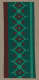 Vertical green strip on a neutral background featuring geometric patterns of teal circles and dots connected by intersecting lines and brown rounded diamonds between a brown and light green stripe.
