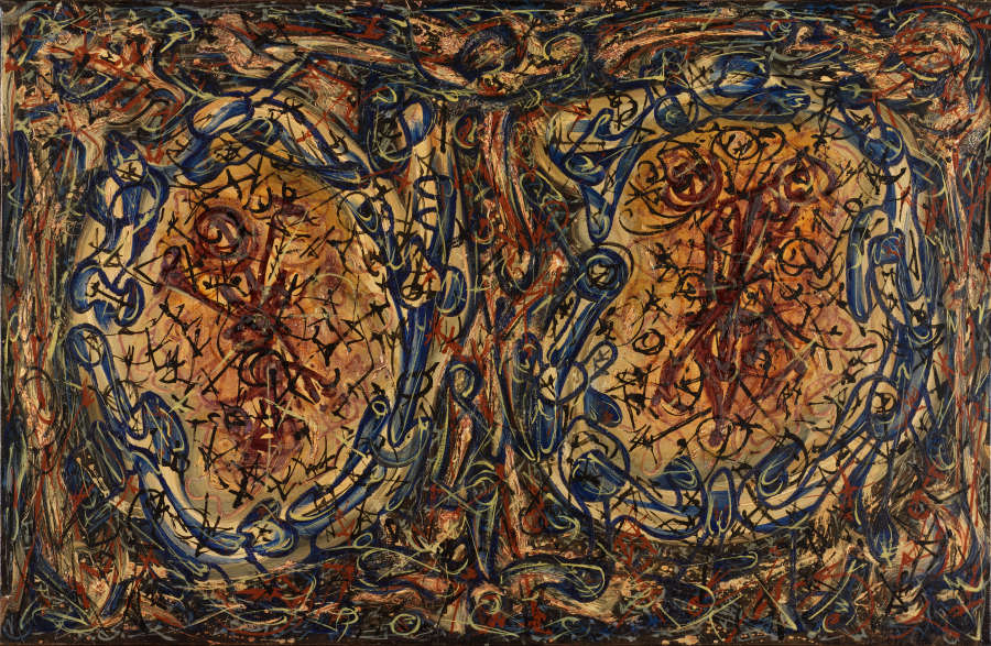 Abstract painting of two adjacent circular red and yellow forms surrounded by expressive swirling blue motifs overtop a background of expressive red and dark brown lines.