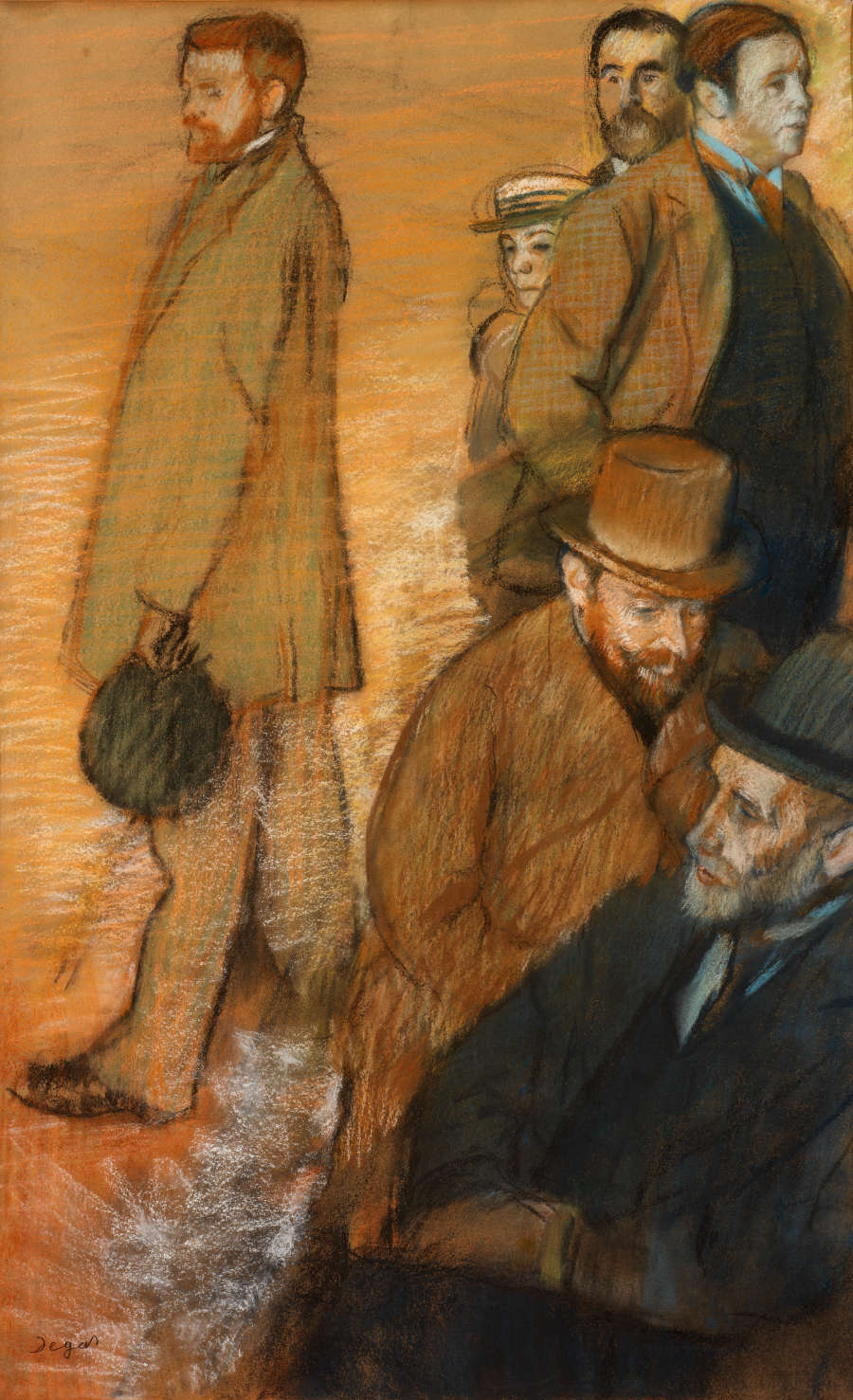 Figures with coats, hats, suits, and beards, gathered together and drawn with loose lines in earthy tones against a flat warm-toned background. 