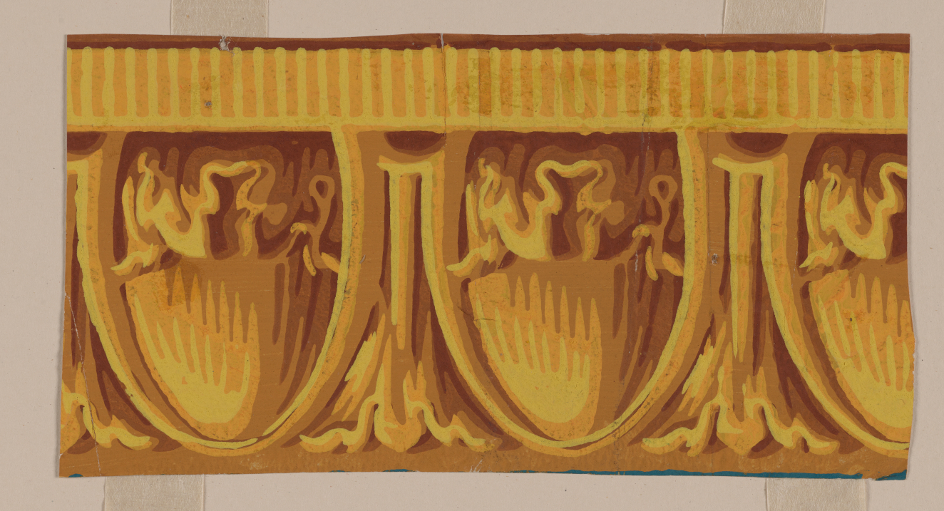 Decorative design on a neutral backdrop depicting a repeating pattern of intricately shaded inset shields with curving abstract forms inside and between them and a textured horizontal border above.