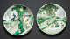 Two white plates illustrated in vibrant greens, yellows and black, with bucolic scenes of villages and farms inundated with water, along with blocks of Chinese text in red and black.