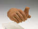 Front-view of a terracotta sculpted hand, cropped at the wrist, holding a dove. The cross-section face where the hand has been cropped is connected to a transparent tube.