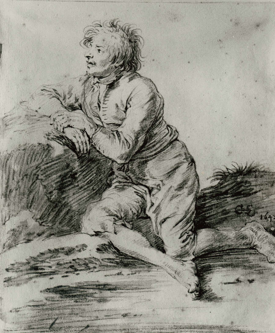 A black chalk drawing of a peasant man in full profile seated on the ground, leaning against a rock. With his arms folded, he gazes off to the left.