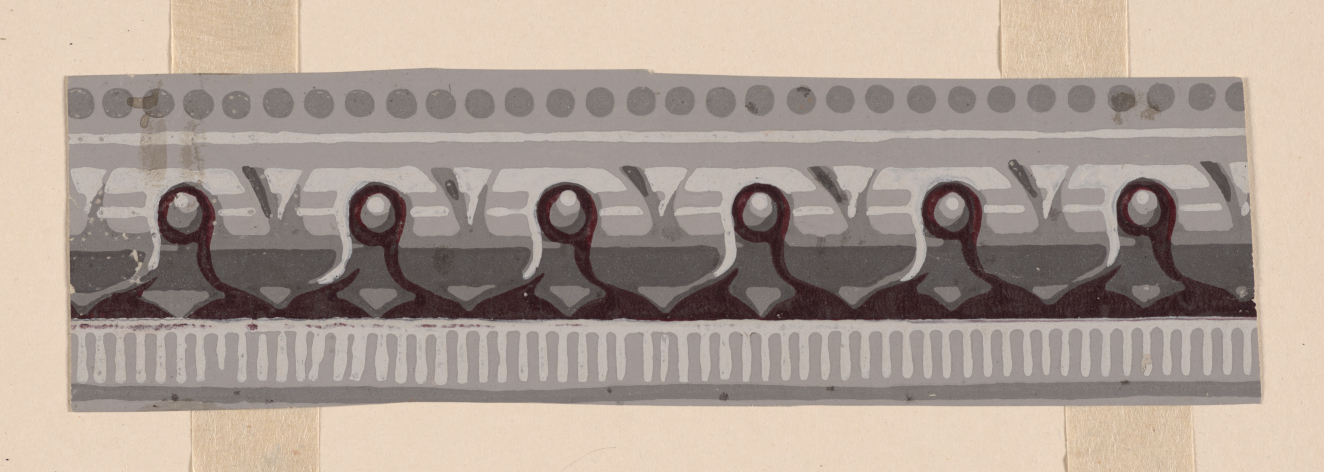 Gray decorative strip featuring delicately shaded arches around central circles and accented with dark shading. Bordered by a line of gray dots above and small horizontal stripes below.