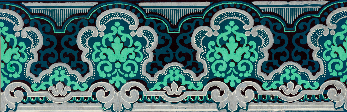 Bright green cloud-like ornamentation enclosed by pale purple scrolls and arches. Thin purple vertical lines hang from thicker horizontal lines from the top. Set against a black background.
