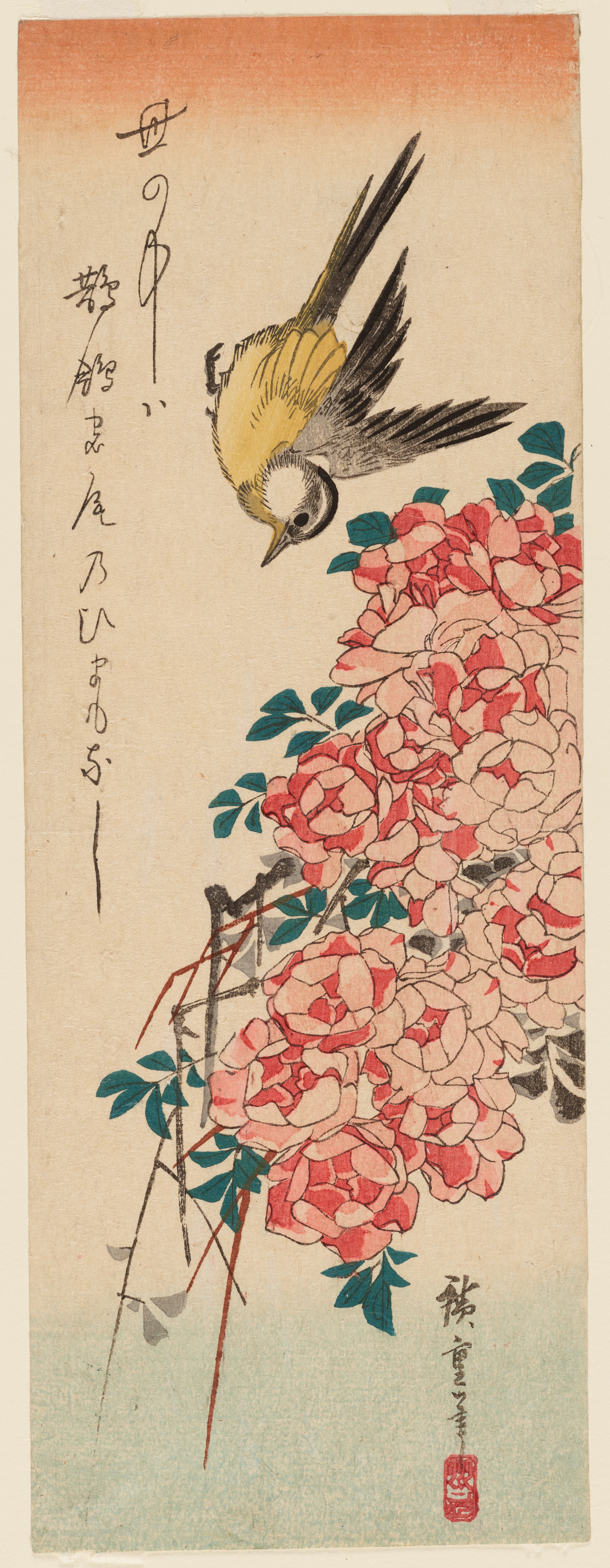A vibrant yellow bird hovers upside down above clusters of blooming red and white blooms against a soft yellow and gray sky. To the left floats thin calligraphy.