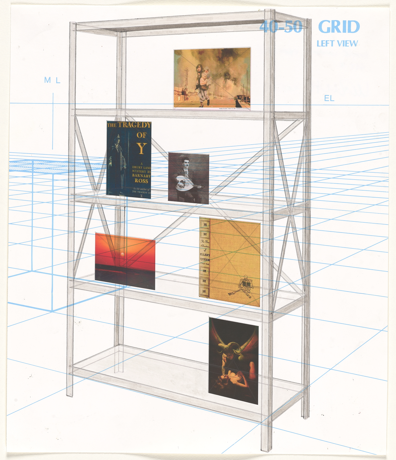 A wireframe bookshelf sketched in a blue “40-50 GRID” perspective space, containing various eclectic images including a photo of a building engulfed in smoke, book covers, black-and-white portrait, and sunset. 
