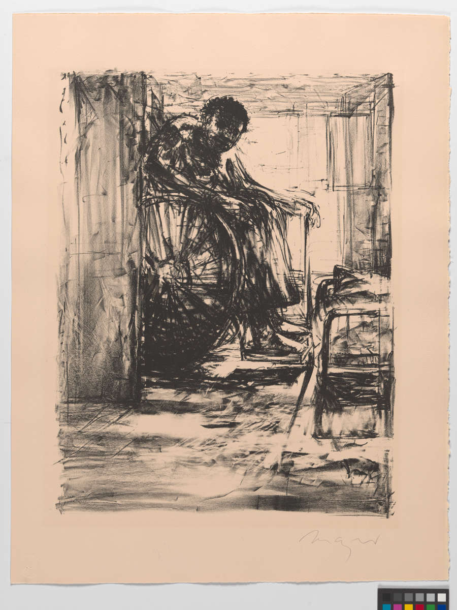 Rough, loose black lines depict a figure sitting in a wheelchair, leaning forward and holding a cane. They are situated in a tight space, possibly a hallway.
